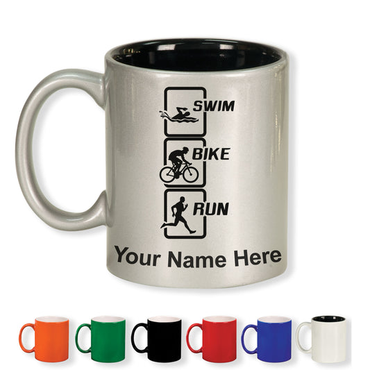 11oz Round Ceramic Coffee Mug, Swim Bike Run Vertical, Personalized Engraving Included