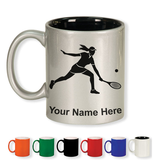11oz Round Ceramic Coffee Mug, Tennis Player Woman, Personalized Engraving Included