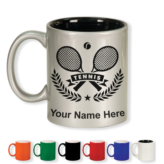11oz Round Ceramic Coffee Mug, Tennis Rackets, Personalized Engraving Included