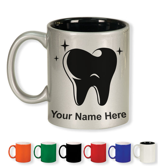 11oz Round Ceramic Coffee Mug, Tooth, Personalized Engraving Included