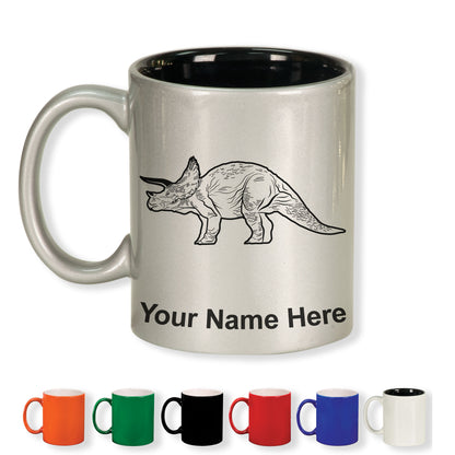 11oz Round Ceramic Coffee Mug, Triceratops Dinosaur, Personalized Engraving Included