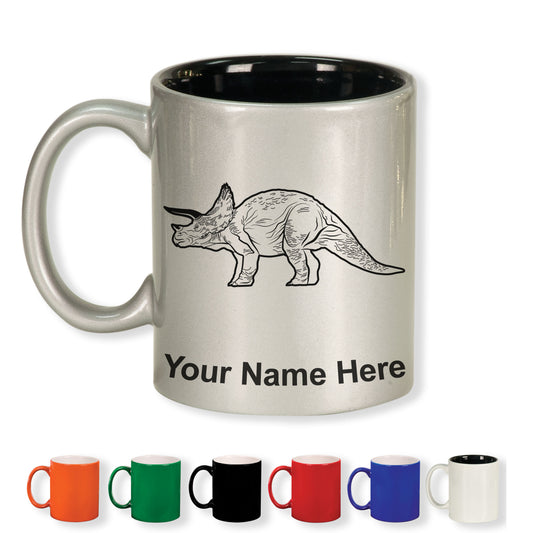 11oz Round Ceramic Coffee Mug, Triceratops Dinosaur, Personalized Engraving Included