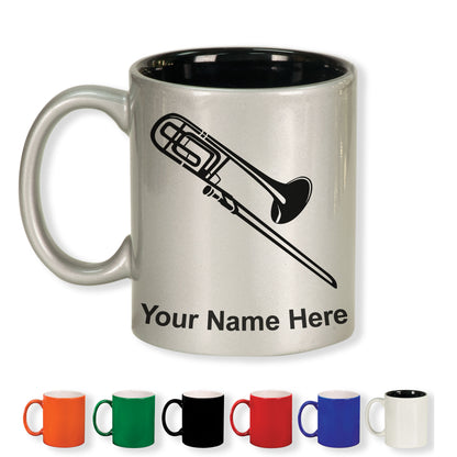 11oz Round Ceramic Coffee Mug, Trombone, Personalized Engraving Included