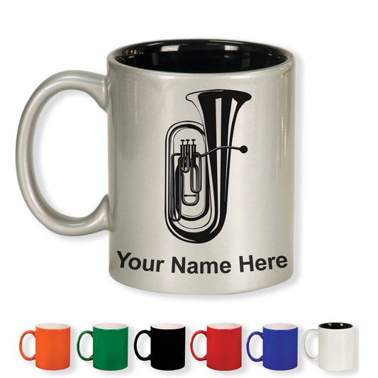 11oz Round Ceramic Coffee Mug, Tuba, Personalized Engraving Included