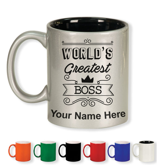 11oz Round Ceramic Coffee Mug, World's Greatest Boss, Personalized Engraving Included