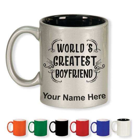 11oz Round Ceramic Coffee Mug, World's Greatest Boyfriend, Personalized Engraving Included