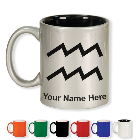 11oz Round Ceramic Coffee Mug, Zodiac Sign Aquarius, Personalized Engraving Included