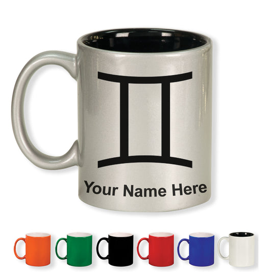 11oz Round Ceramic Coffee Mug, Zodiac Sign Gemini, Personalized Engraving Included