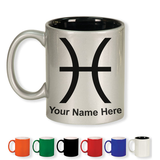 11oz Round Ceramic Coffee Mug, Zodiac Sign Pisces, Personalized Engraving Included
