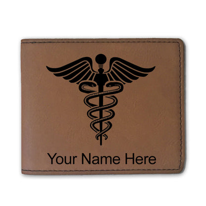 Faux Leather Bi-Fold Wallet, Caduceus Medical Symbol, Personalized Engraving Included