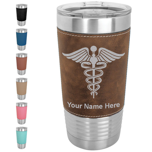 20oz Faux Leather Tumbler Mug, Caduceus Medical Symbol, Personalized Engraving Included - LaserGram Custom Engraved Gifts