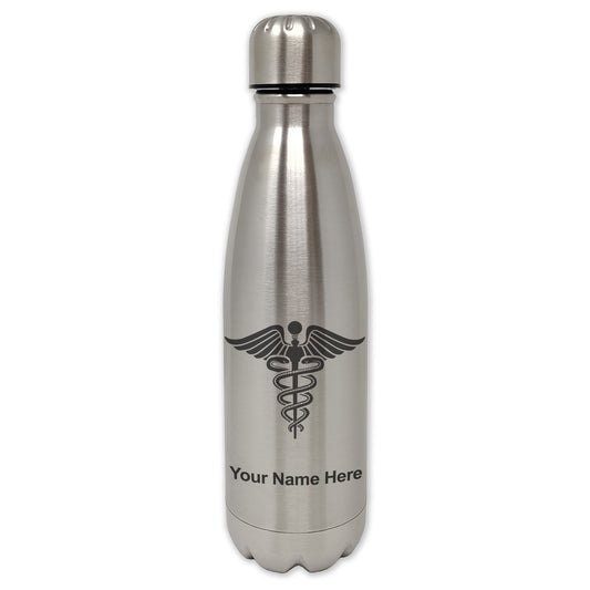 LaserGram Single Wall Water Bottle, Caduceus Medical Symbol, Personalized Engraving Included