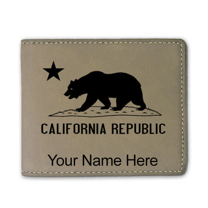 Faux Leather Bi-Fold Wallet, California Republic Bear Flag, Personalized Engraving Included