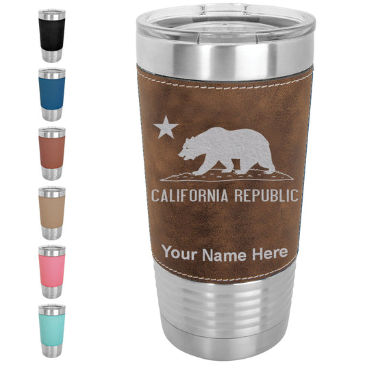 20oz Faux Leather Tumbler Mug, California Republic Bear Flag, Personalized Engraving Included - LaserGram Custom Engraved Gifts