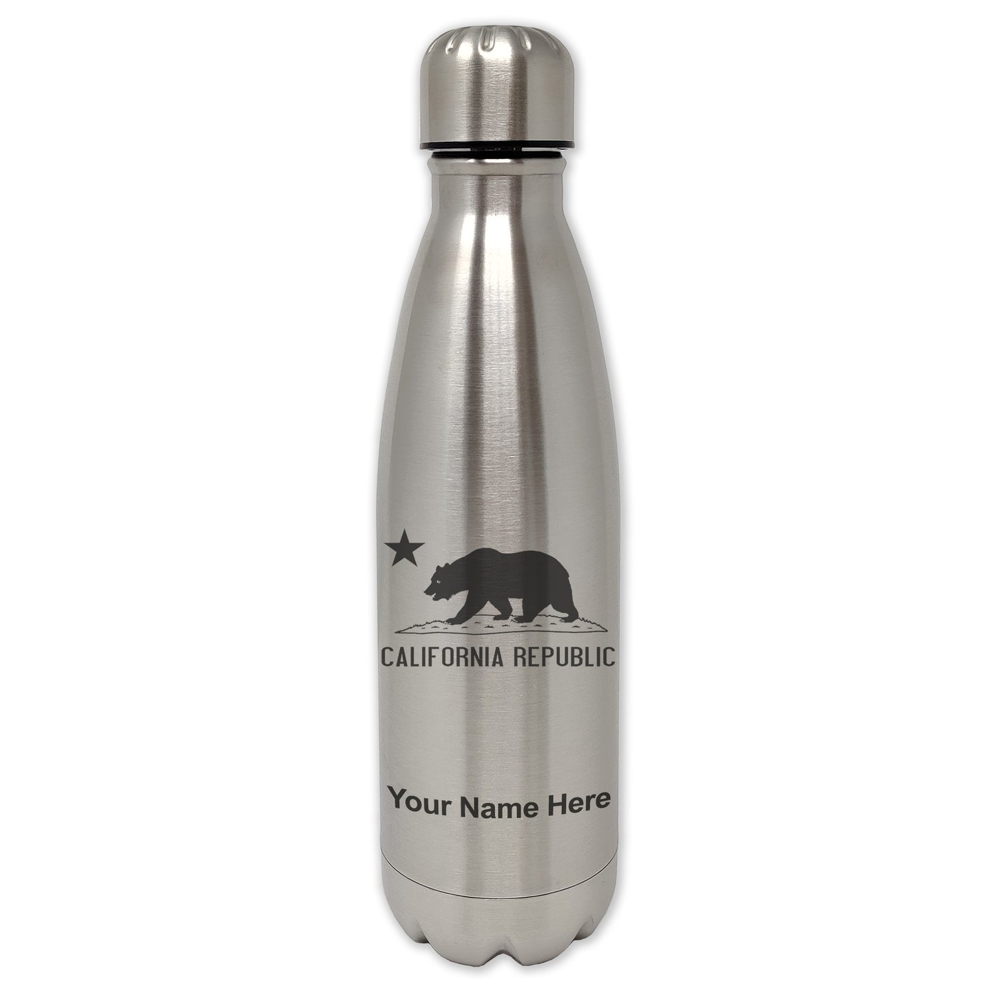 LaserGram Single Wall Water Bottle, California Republic Bear Flag, Personalized Engraving Included
