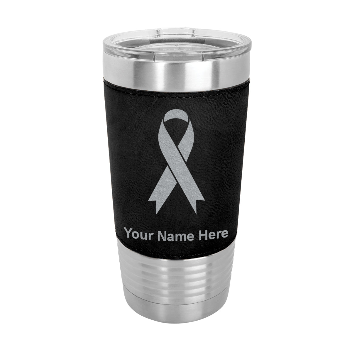 20oz Faux Leather Tumbler Mug, Cancer Awareness Ribbon, Personalized Engraving Included - LaserGram Custom Engraved Gifts
