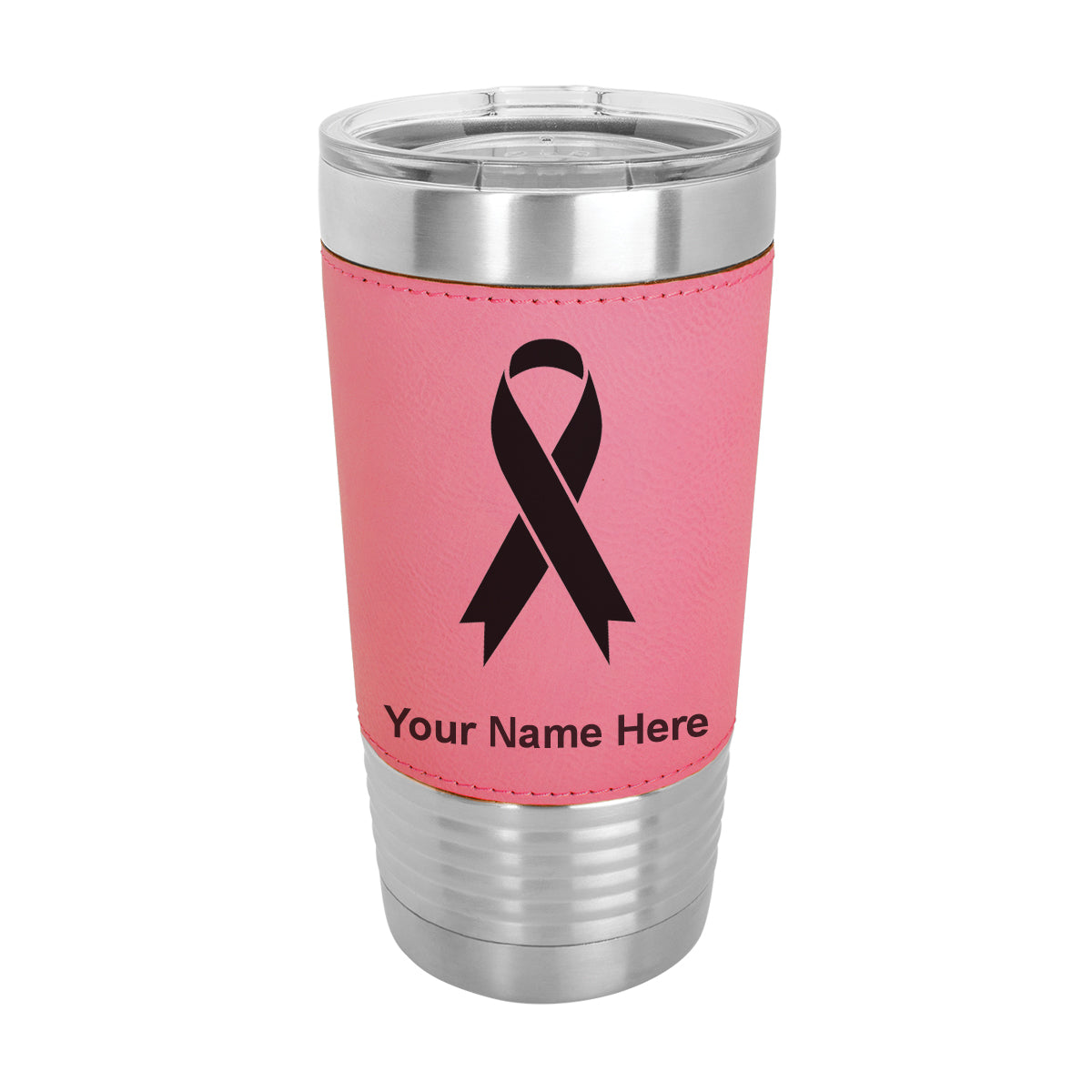 20oz Faux Leather Tumbler Mug, Cancer Awareness Ribbon, Personalized Engraving Included - LaserGram Custom Engraved Gifts