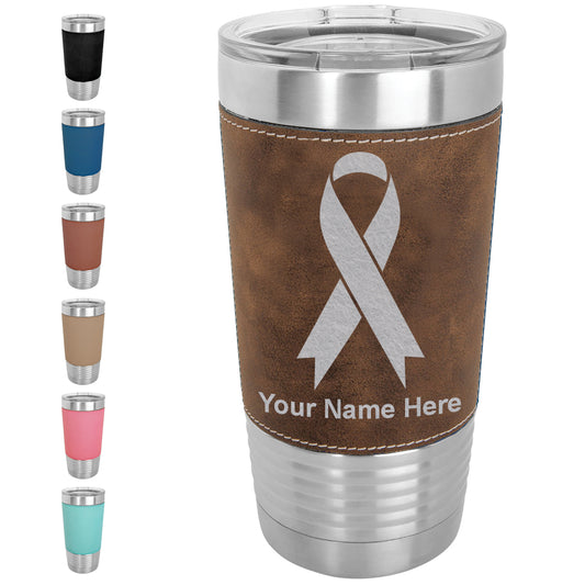 20oz Faux Leather Tumbler Mug, Cancer Awareness Ribbon, Personalized Engraving Included - LaserGram Custom Engraved Gifts