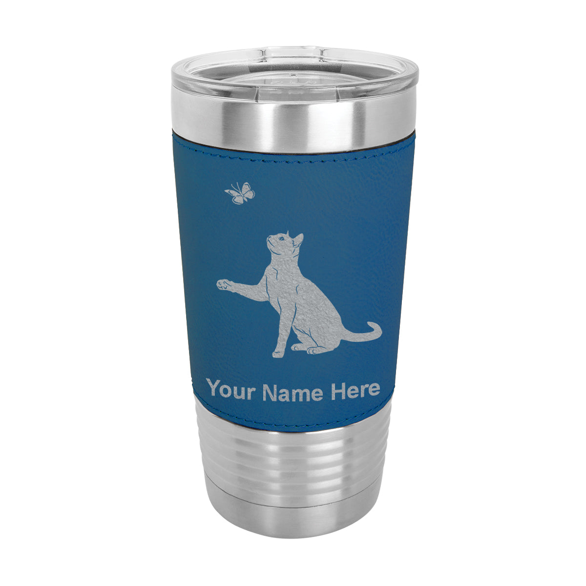 20oz Faux Leather Tumbler Mug, Cat with Butterfly, Personalized Engraving Included - LaserGram Custom Engraved Gifts