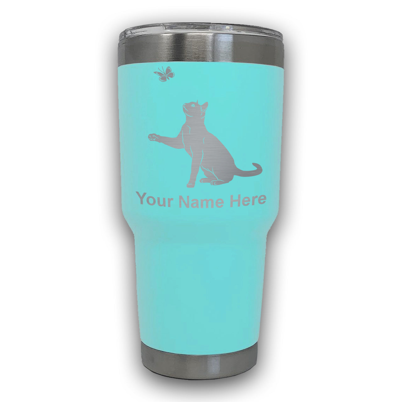 LaserGram 30oz Tumbler Mug, Cat with Butterfly, Personalized Engraving Included