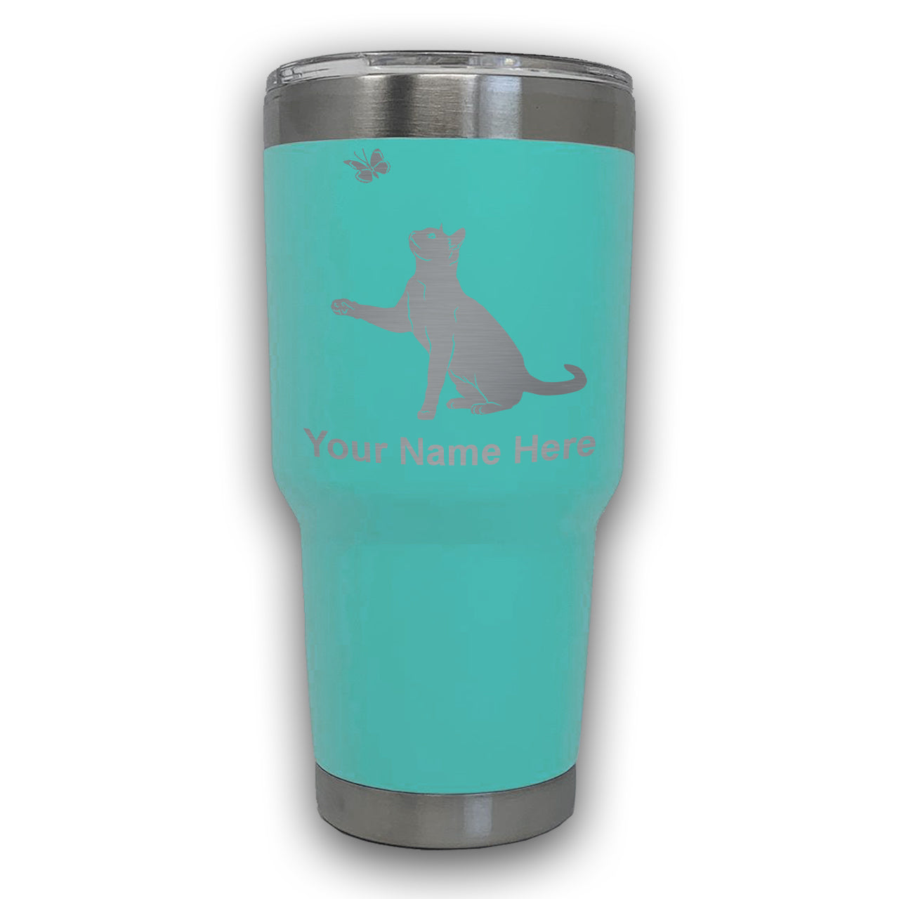 LaserGram 30oz Tumbler Mug, Cat with Butterfly, Personalized Engraving Included