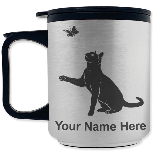 Coffee Travel Mug, Cat with Butterfly, Personalized Engraving Included