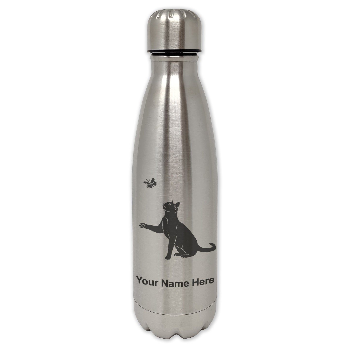 LaserGram Single Wall Water Bottle, Cat with Butterfly, Personalized Engraving Included