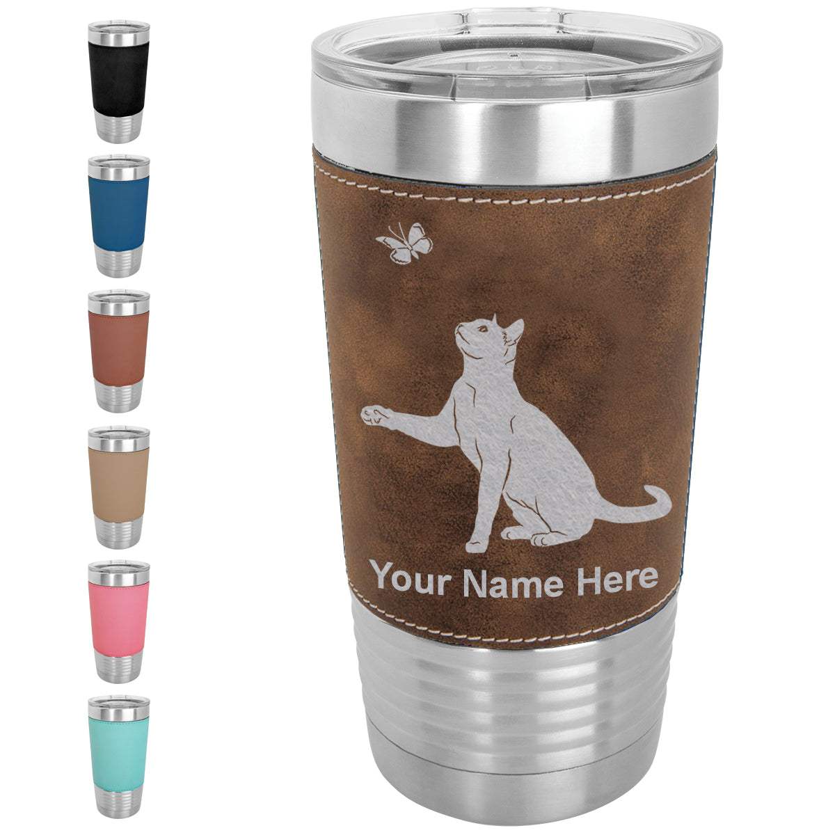 20oz Faux Leather Tumbler Mug, Cat with Butterfly, Personalized Engraving Included - LaserGram Custom Engraved Gifts