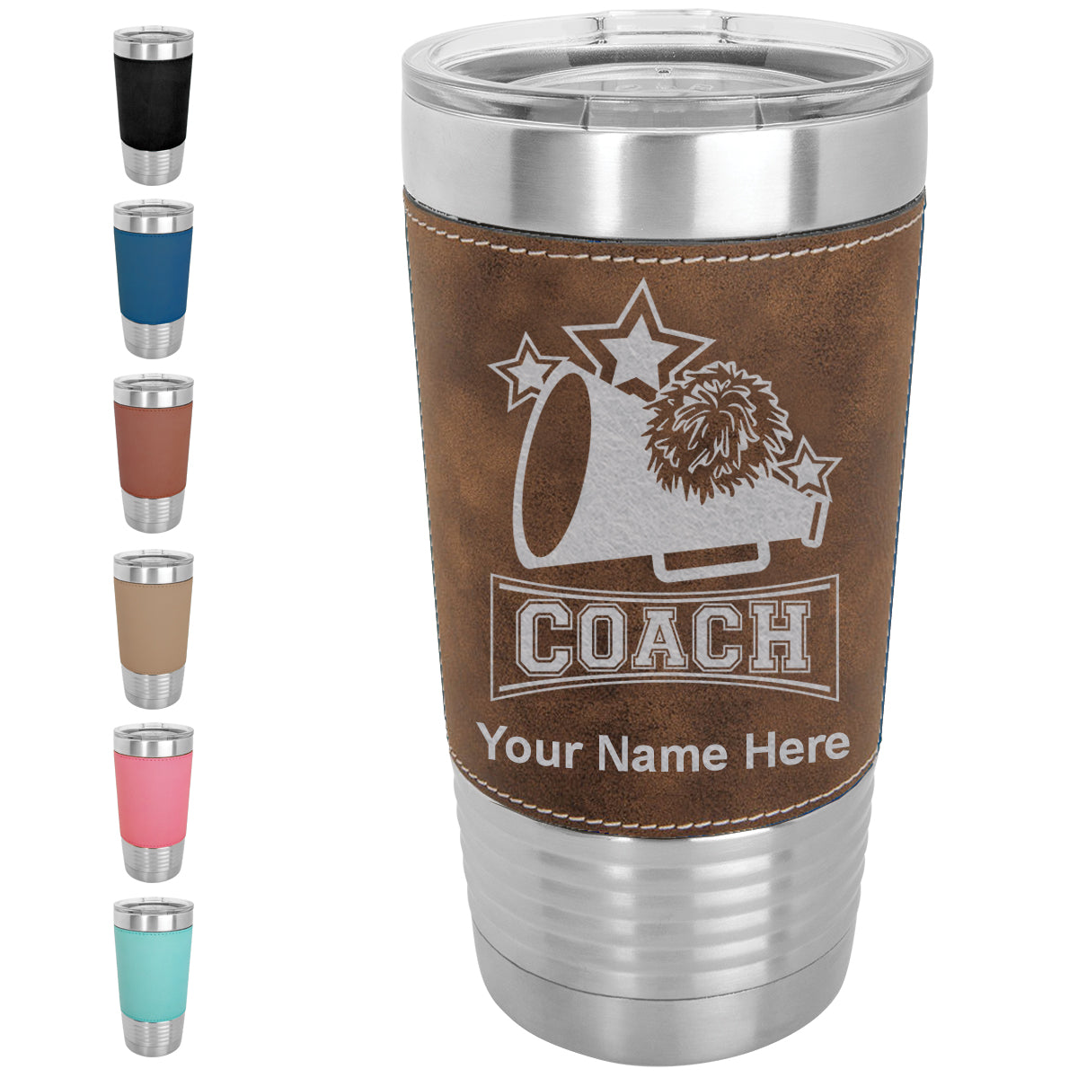 20oz Faux Leather Tumbler Mug, Cheerleading Coach, Personalized Engraving Included - LaserGram Custom Engraved Gifts