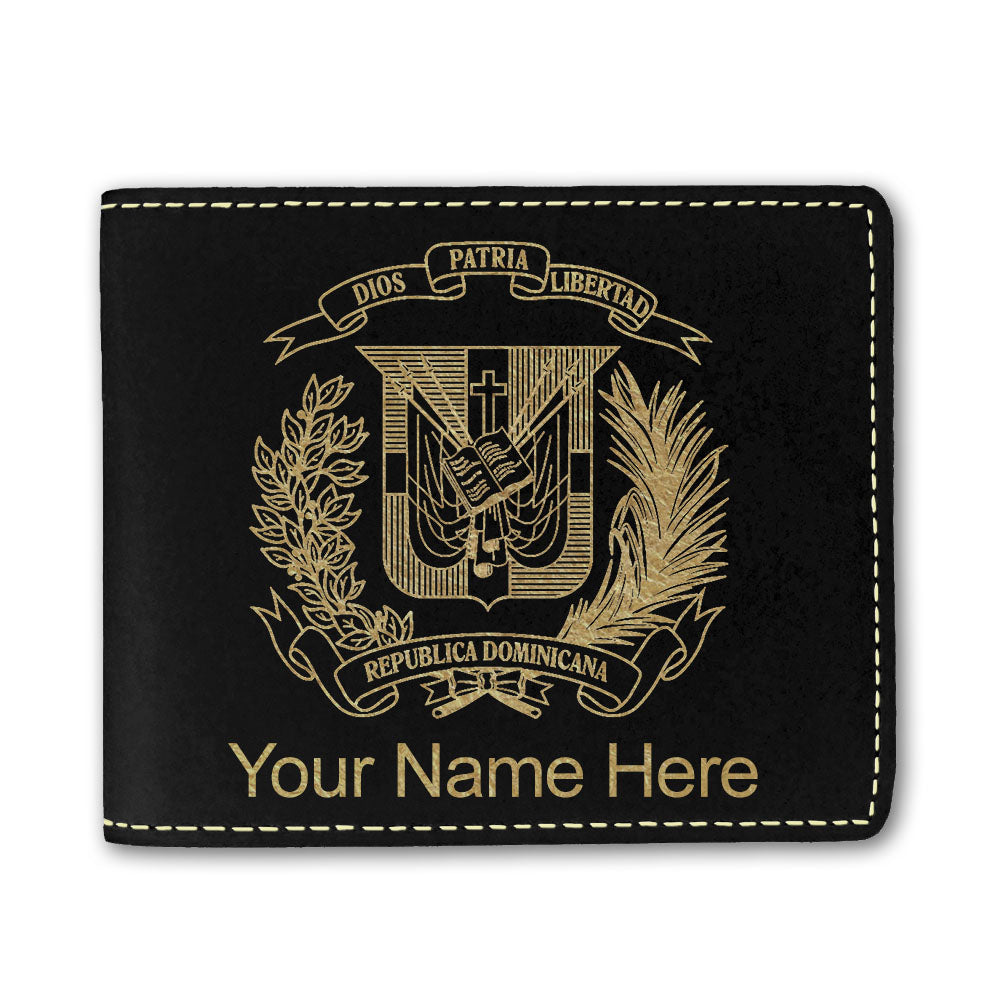 Faux Leather Bi-Fold Wallet, Coat of Arms Dominican Republic, Personalized Engraving Included