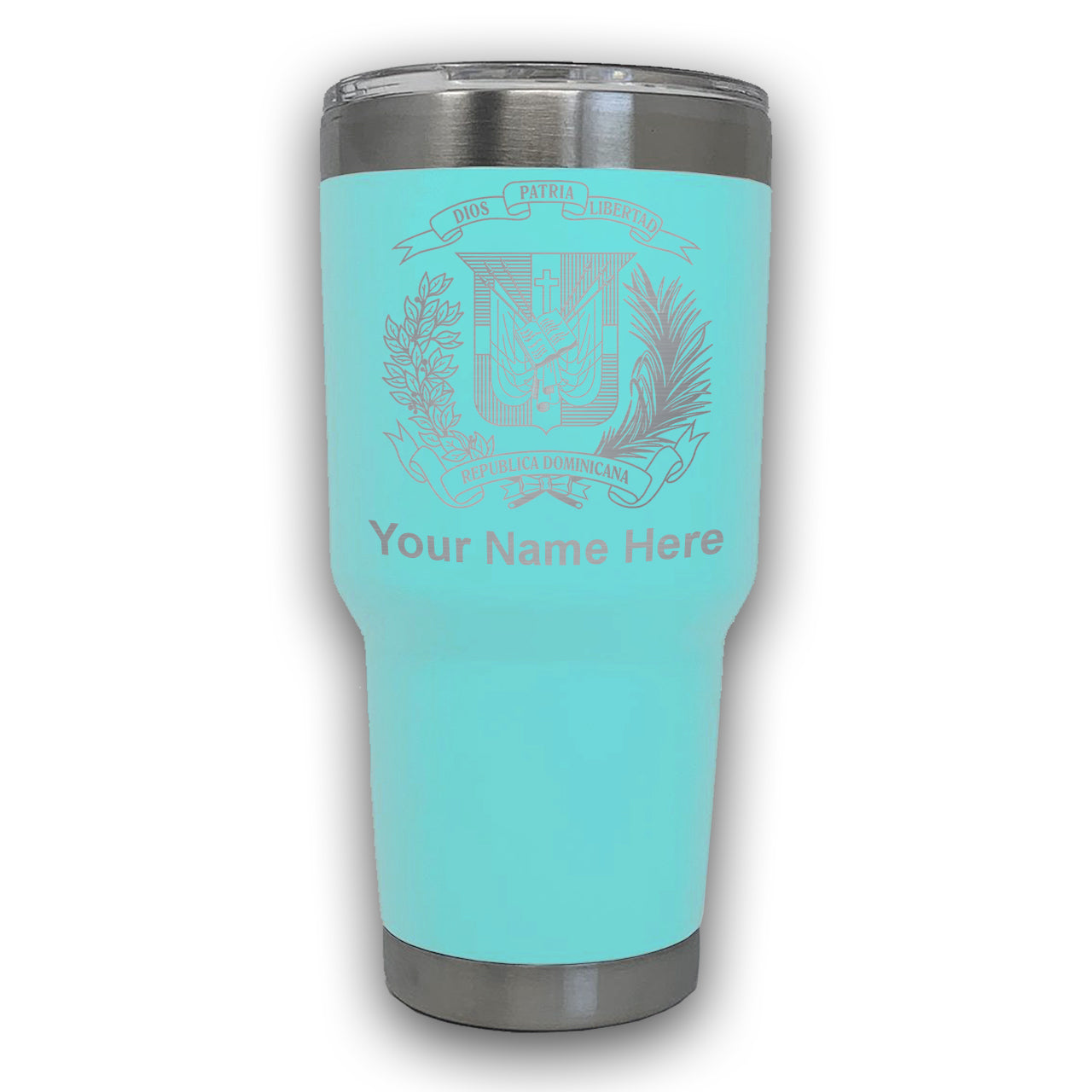 LaserGram 30oz Tumbler Mug, Coat of Arms Dominican Republic, Personalized Engraving Included