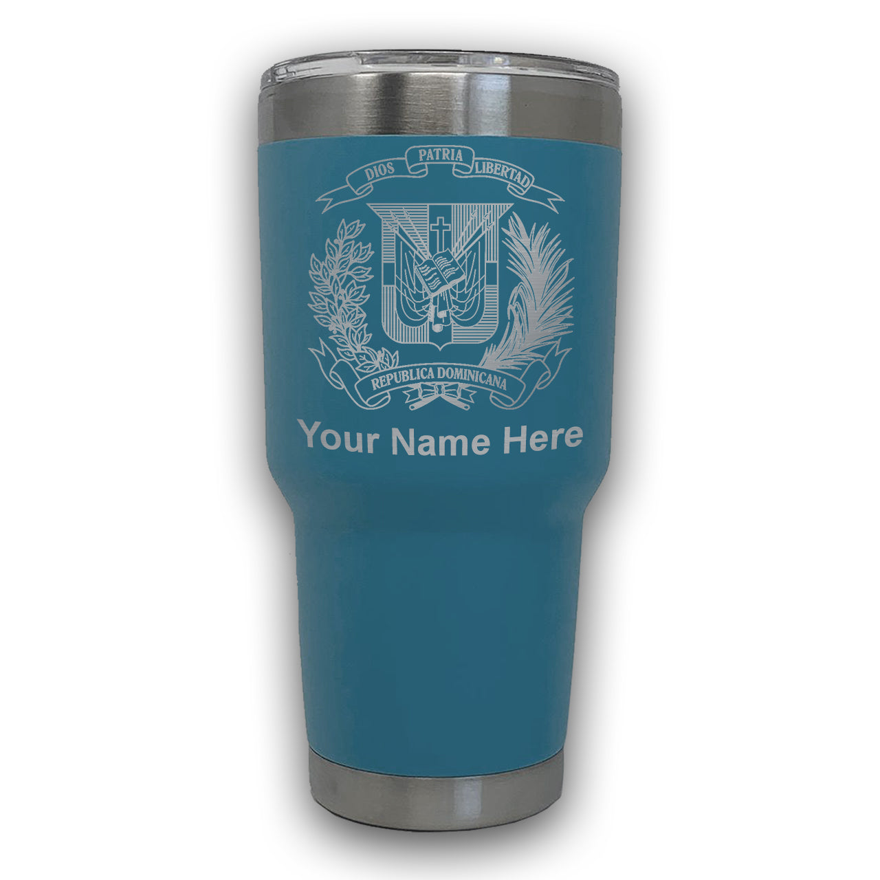 LaserGram 30oz Tumbler Mug, Coat of Arms Dominican Republic, Personalized Engraving Included