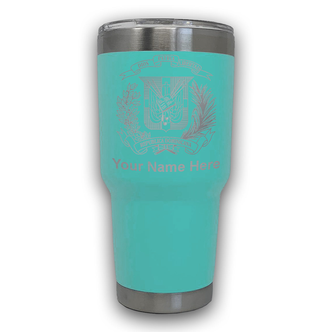 LaserGram 30oz Tumbler Mug, Coat of Arms Dominican Republic, Personalized Engraving Included