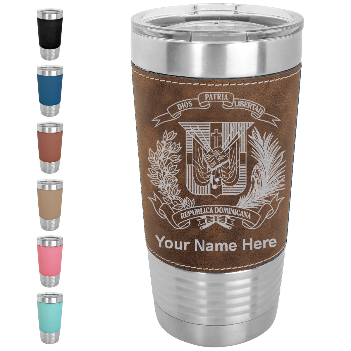 20oz Faux Leather Tumbler Mug, Coat of Arms Dominican Republic, Personalized Engraving Included - LaserGram Custom Engraved Gifts