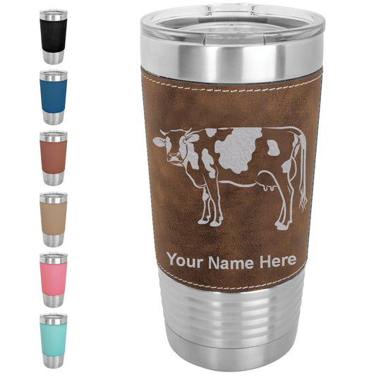 20oz Faux Leather Tumbler Mug, Cow, Personalized Engraving Included - LaserGram Custom Engraved Gifts