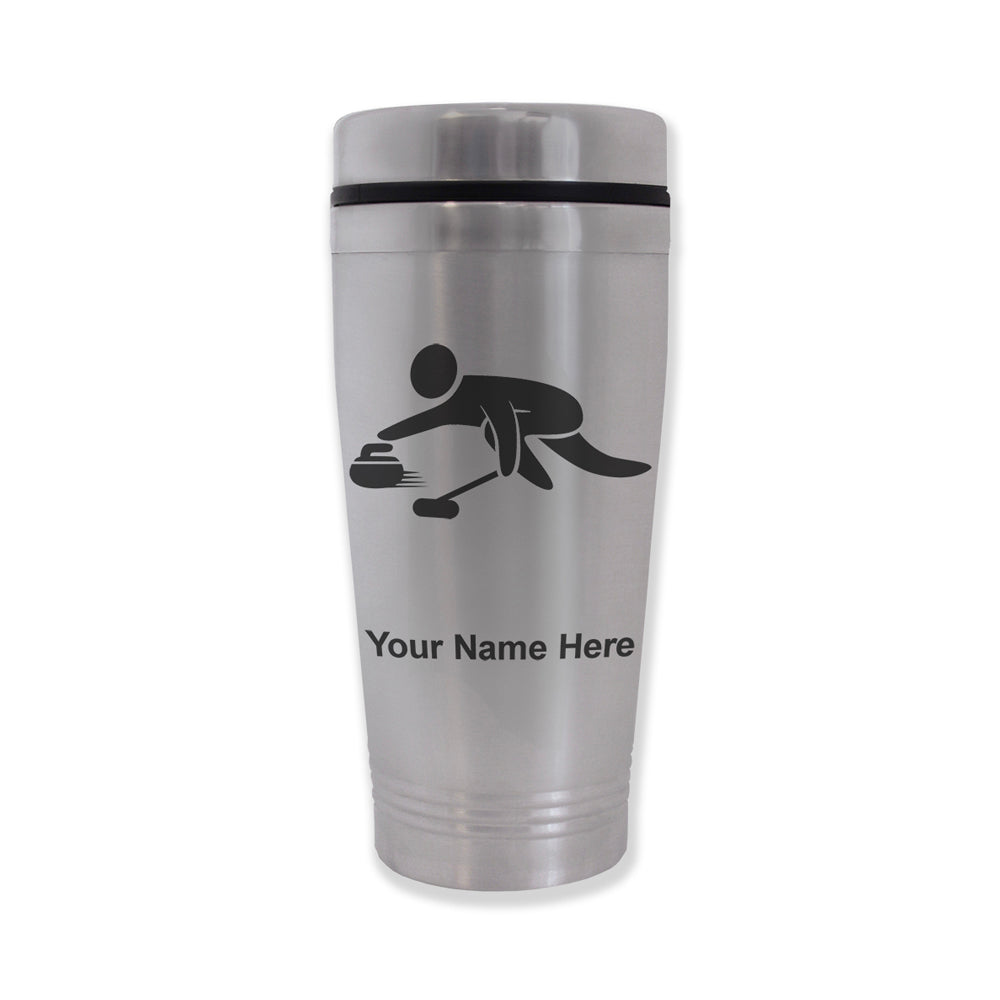 Commuter Travel Mug, Curling Figure, Personalized Engraving Included