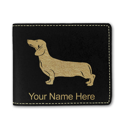 Faux Leather Bi-Fold Wallet, Dachshund Dog, Personalized Engraving Included