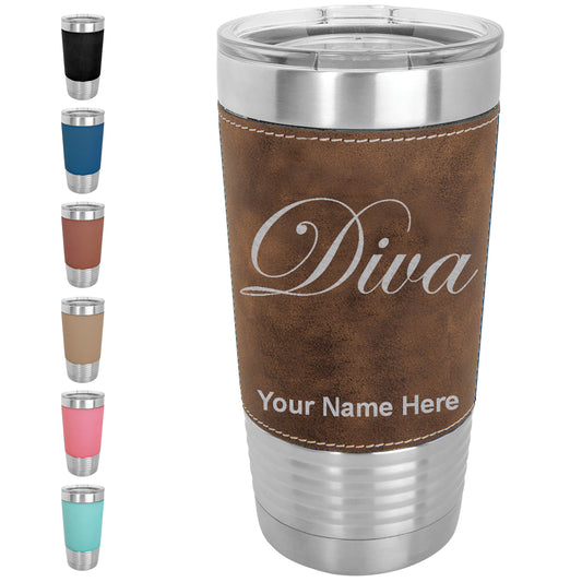 20oz Faux Leather Tumbler Mug, Diva, Personalized Engraving Included - LaserGram Custom Engraved Gifts