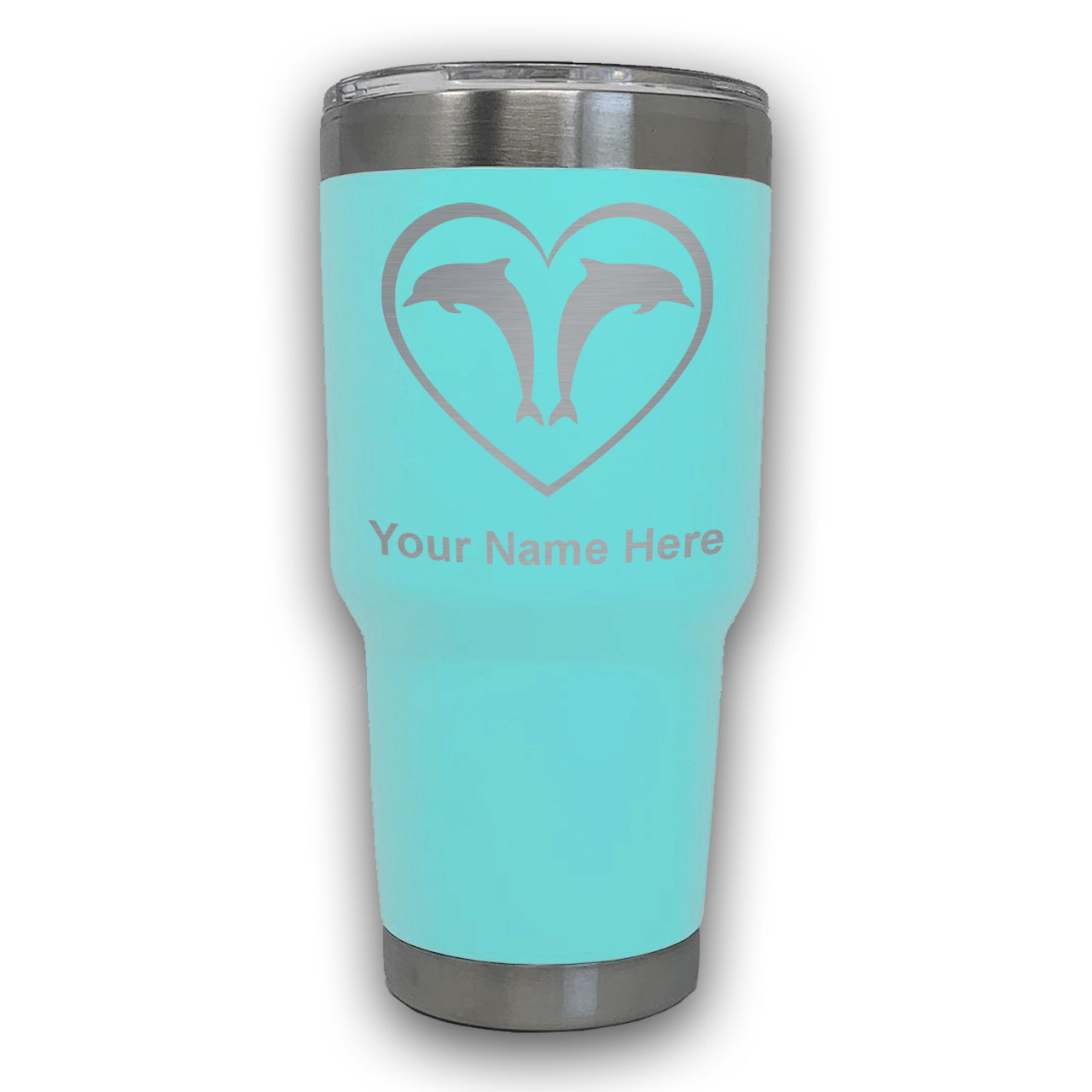 LaserGram 30oz Tumbler Mug, Dolphin Heart, Personalized Engraving Included