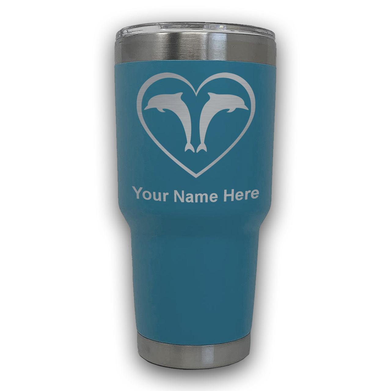 LaserGram 30oz Tumbler Mug, Dolphin Heart, Personalized Engraving Included