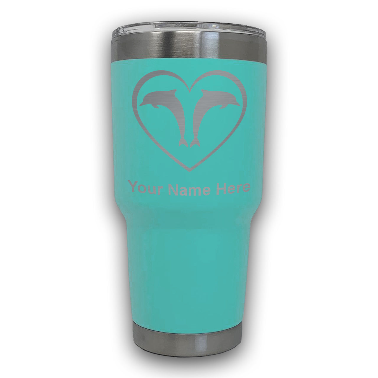 LaserGram 30oz Tumbler Mug, Dolphin Heart, Personalized Engraving Included