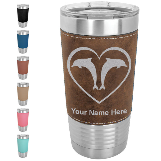 20oz Faux Leather Tumbler Mug, Dolphin Heart, Personalized Engraving Included - LaserGram Custom Engraved Gifts