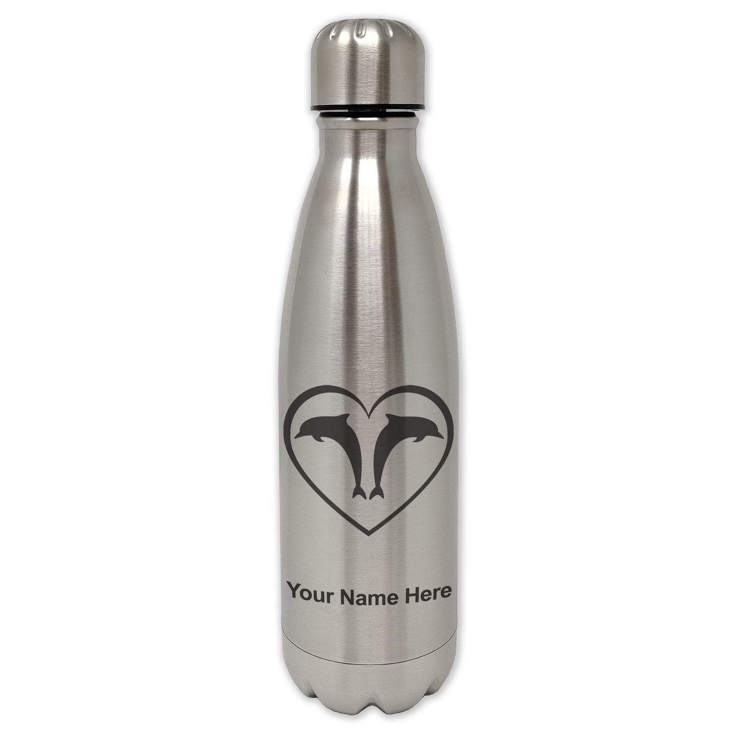 LaserGram Single Wall Water Bottle, Dolphin Heart, Personalized Engraving Included