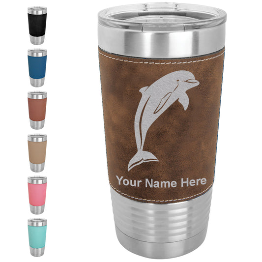 20oz Faux Leather Tumbler Mug, Dolphin, Personalized Engraving Included - LaserGram Custom Engraved Gifts