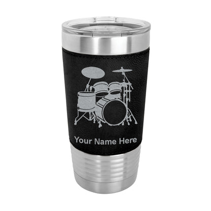 20oz Faux Leather Tumbler Mug, Drum Set, Personalized Engraving Included - LaserGram Custom Engraved Gifts