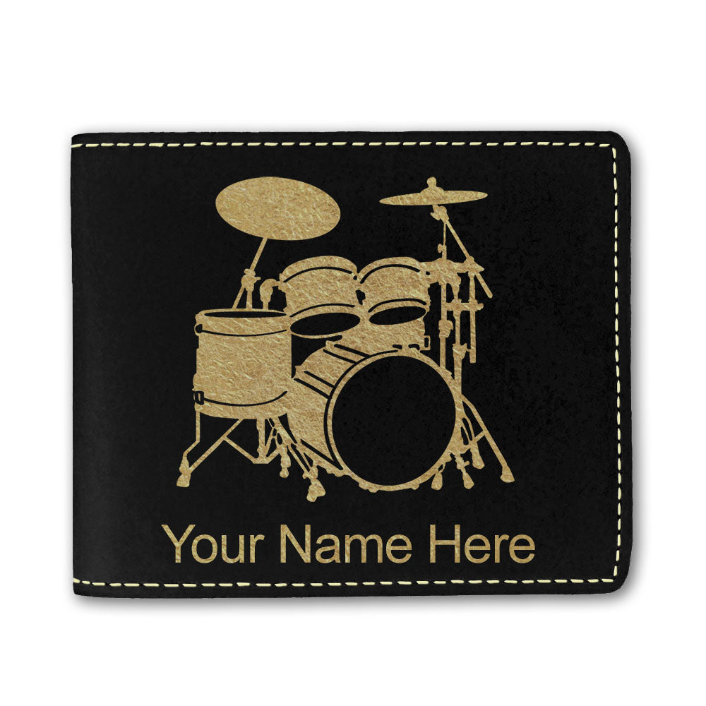 Faux Leather Bi-Fold Wallet, Drum Set, Personalized Engraving Included