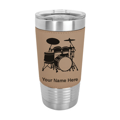 20oz Faux Leather Tumbler Mug, Drum Set, Personalized Engraving Included - LaserGram Custom Engraved Gifts