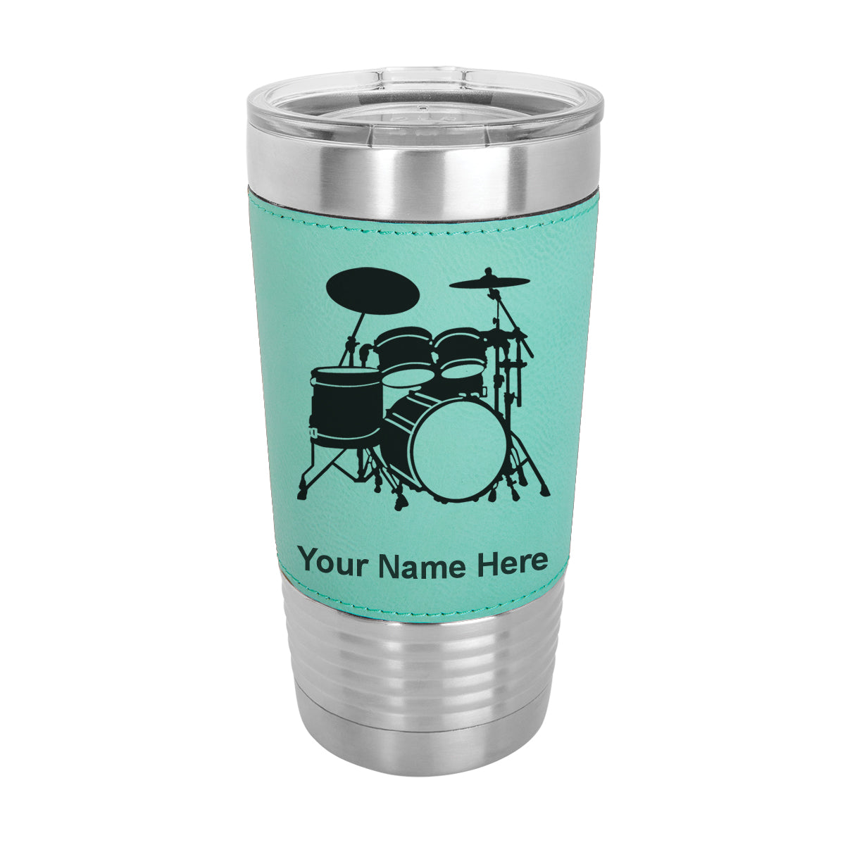 20oz Faux Leather Tumbler Mug, Drum Set, Personalized Engraving Included - LaserGram Custom Engraved Gifts