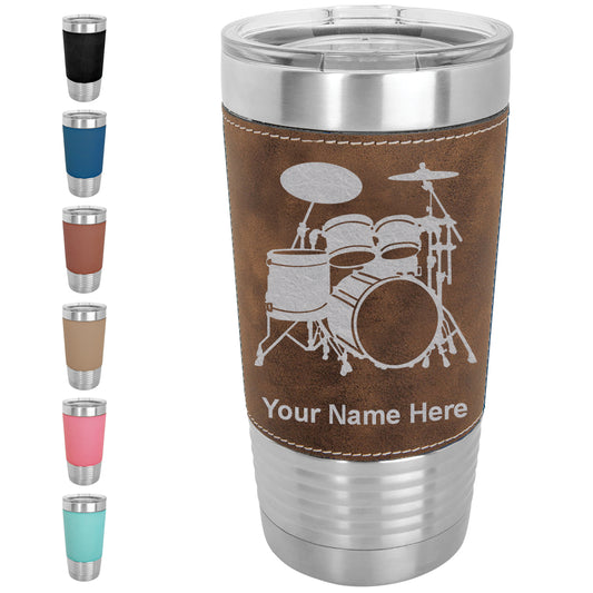 20oz Faux Leather Tumbler Mug, Drum Set, Personalized Engraving Included - LaserGram Custom Engraved Gifts