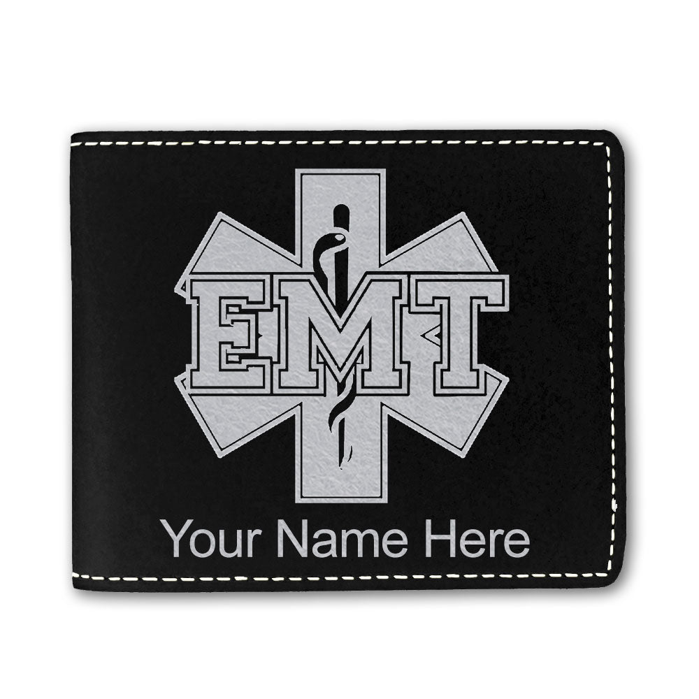 Faux Leather Bi-Fold Wallet, EMT Emergency Medical Technician, Personalized Engraving Included